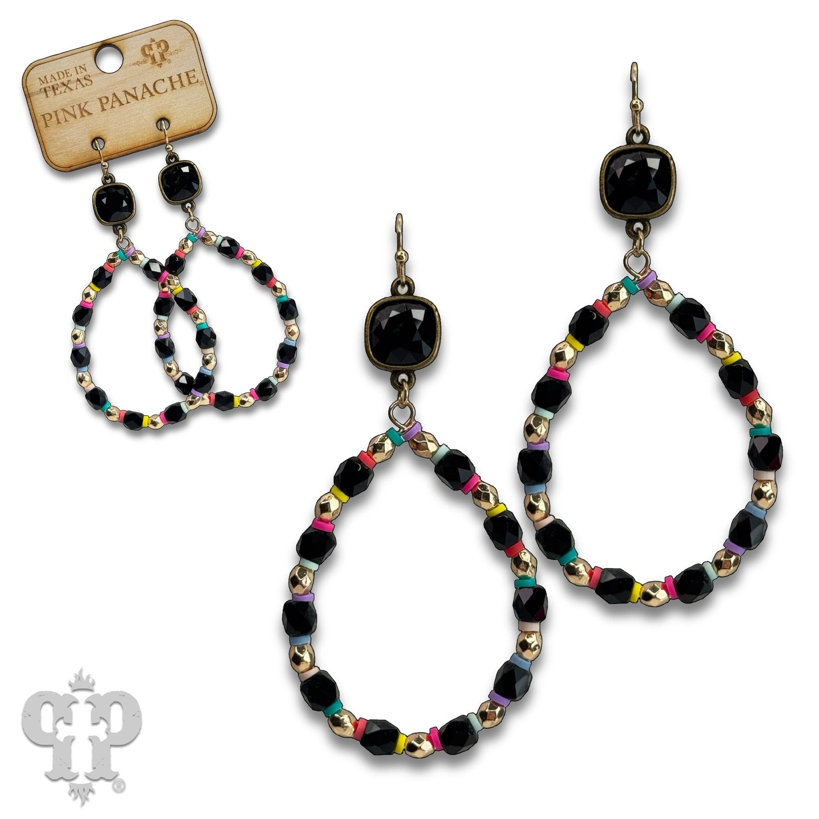Pink Panache black teardrop earrings with faceted beads, colorful disc accents and Austrian crystals