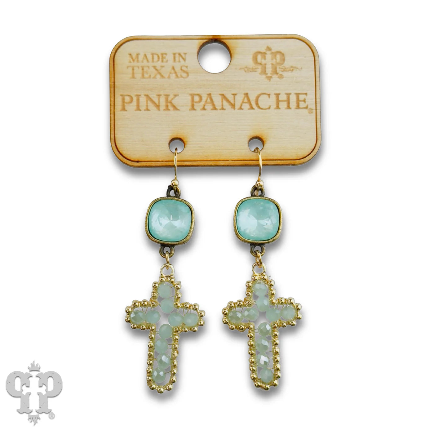 Pink Panache Green Wire Wrapped Bead Cross Earrings with Austrian Crystal-Earrings-Pink Panache-Deja Nu Boutique, Women's Fashion Boutique in Lampasas, Texas