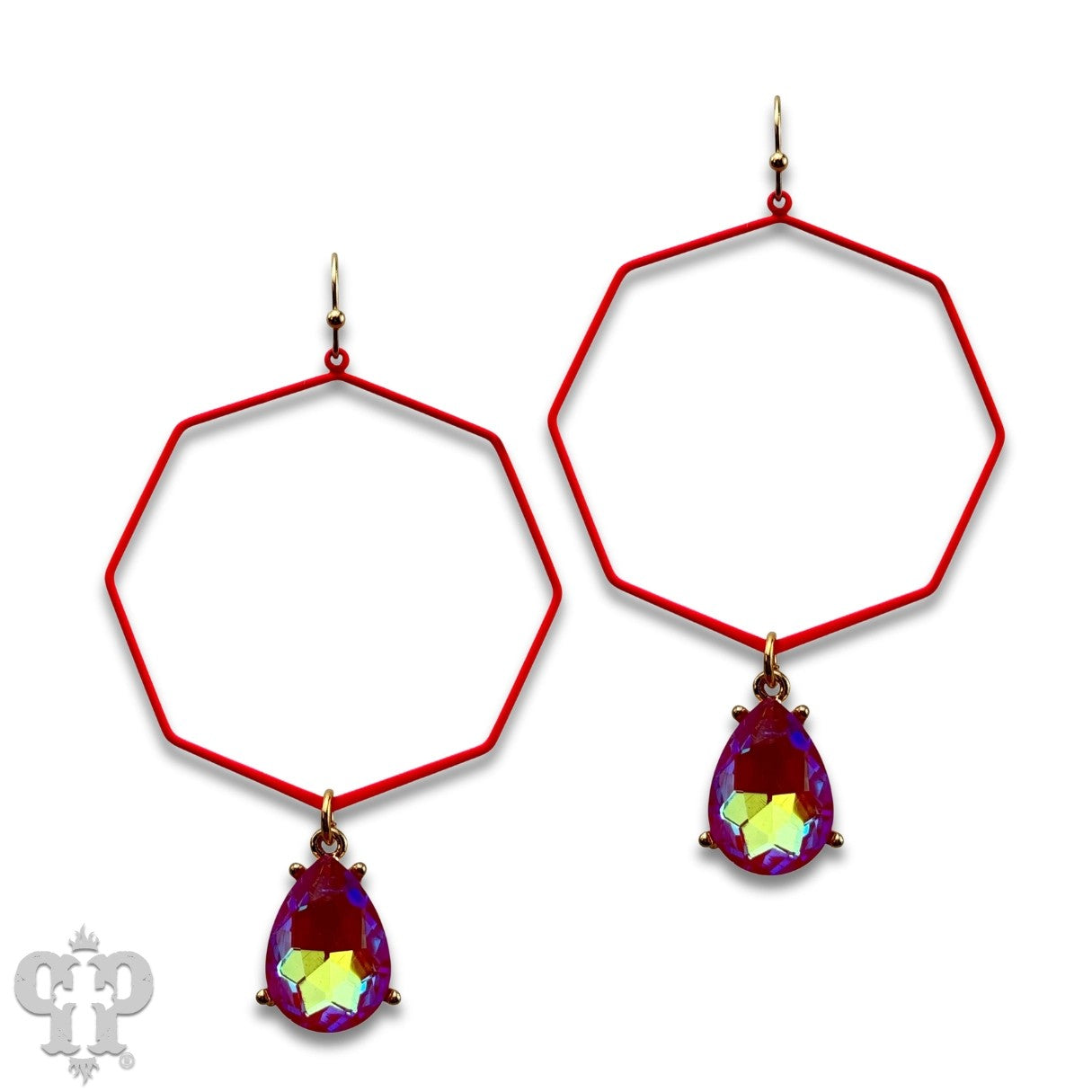 Detail view of Pink Panache neon fuchsia geometric earrings with sparkling iridescent teardrop charms