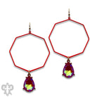 Detail view of Pink Panache neon fuchsia geometric earrings with sparkling iridescent teardrop charms