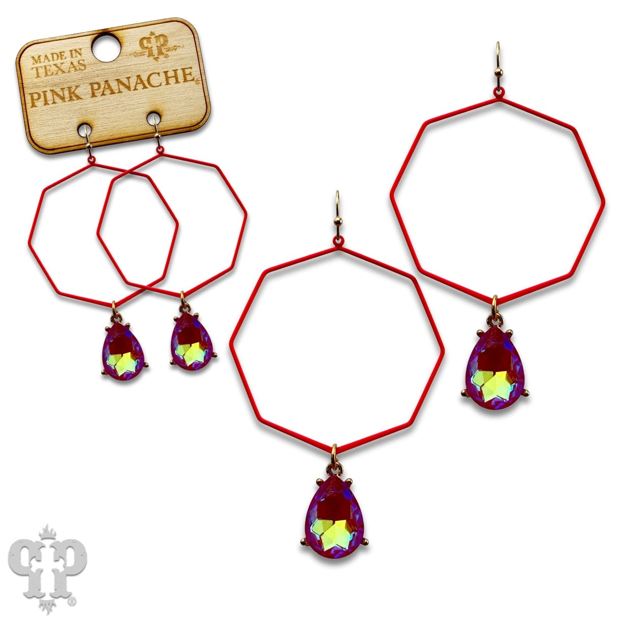 Pink Panache neon fuchsia octagon earrings with iridescent rhinestone teardrop charms