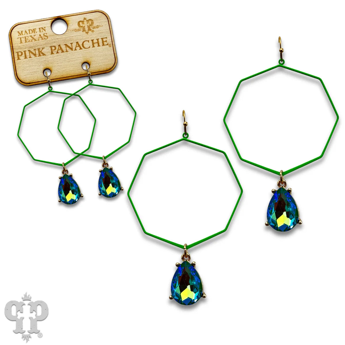 Pink Panache Neon Green Octagon Earrings with Iridescent Teardrop Rhinestone Charm-Earrings-Pink Panache-Deja Nu Boutique, Women's Fashion Boutique in Lampasas, Texas
