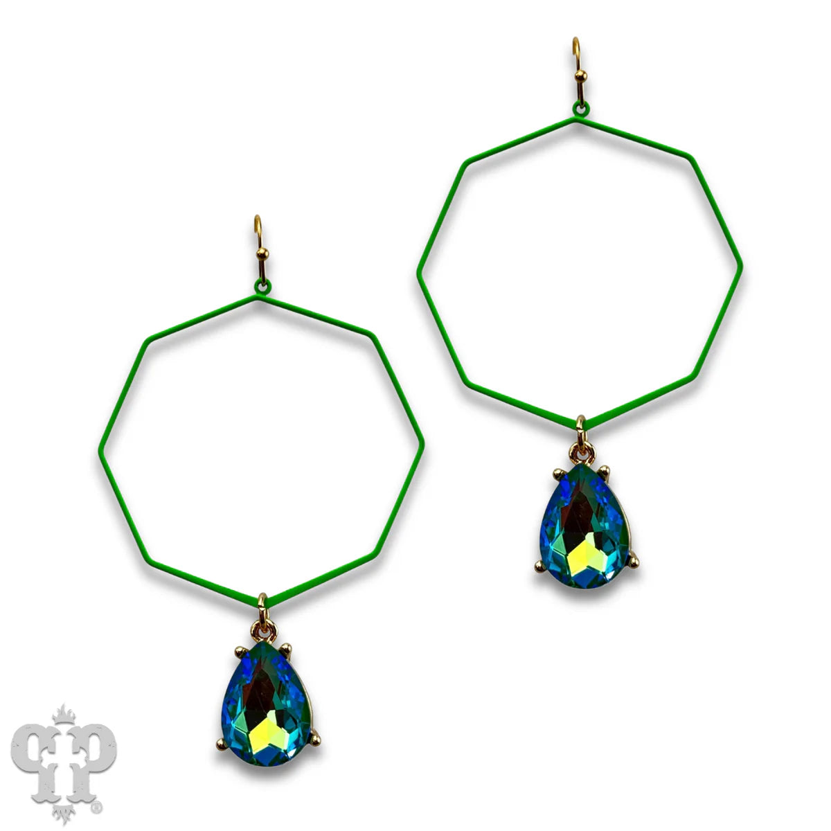 Pink Panache Neon Green Octagon Earrings with Iridescent Teardrop Rhinestone Charm-Earrings-Pink Panache-Deja Nu Boutique, Women's Fashion Boutique in Lampasas, Texas