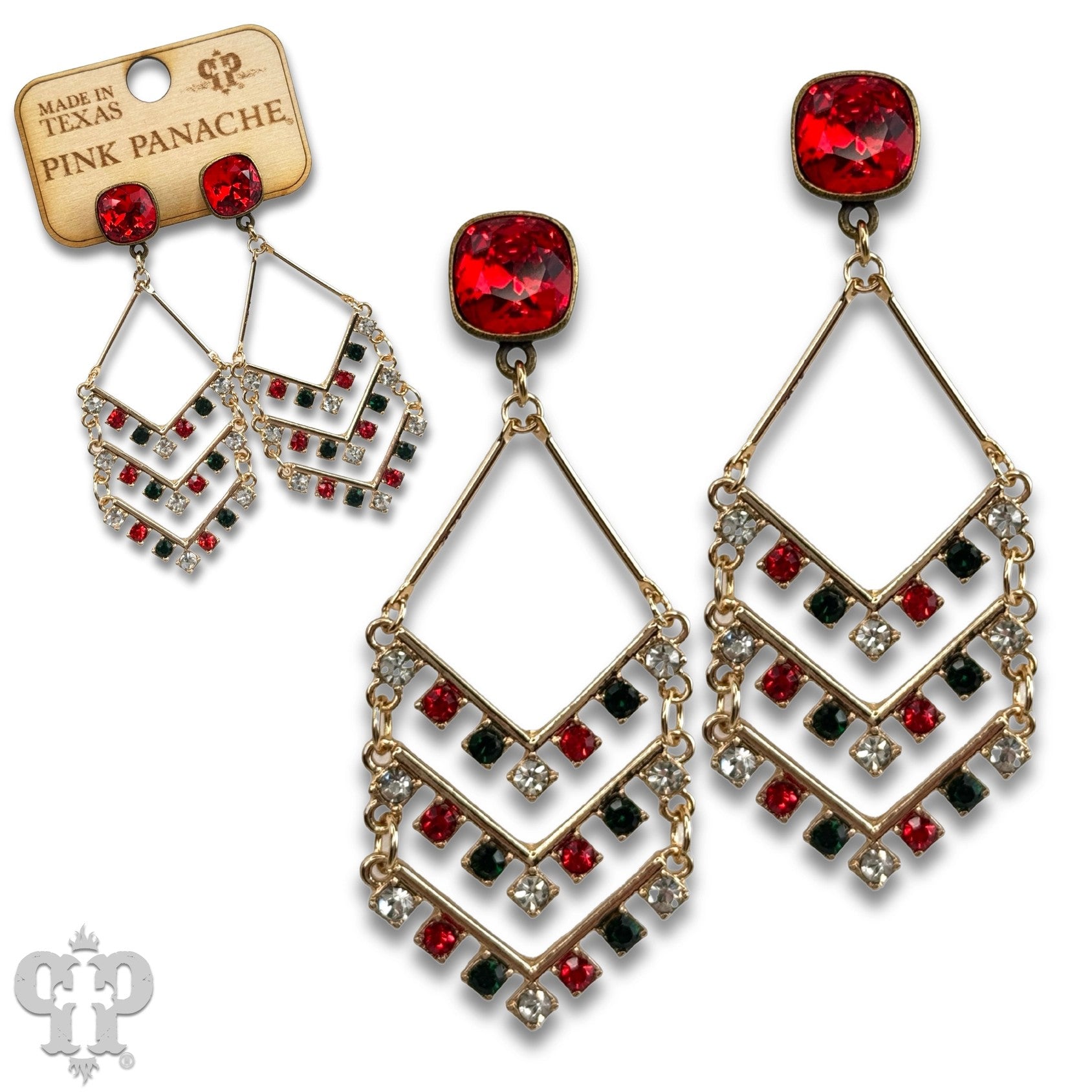 Pink Panache Red Crystal Chevron Rhinestone Earrings-Earrings-Pink Panache-Deja Nu Boutique, Women's Fashion Boutique in Lampasas, Texas