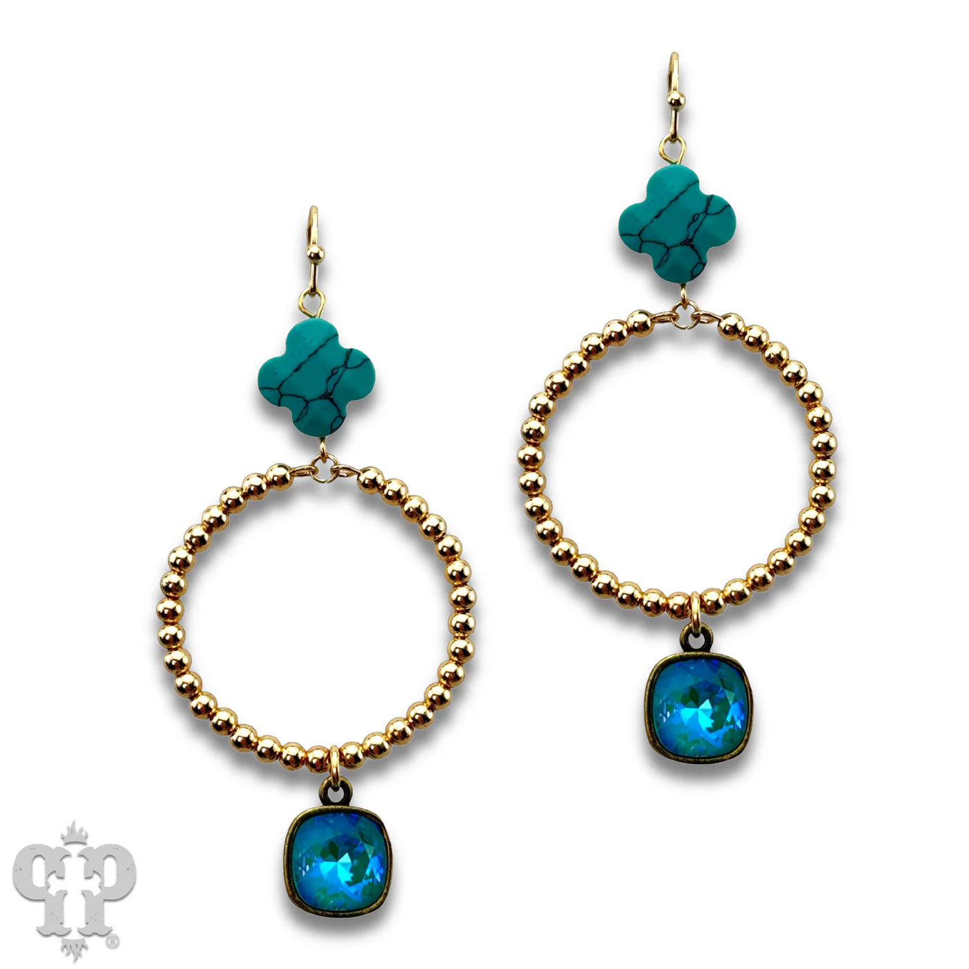 Pink Panache Turquoise Clover Bead Hoop Earrings with Austrian Crystal-Earrings-Pink Panache-Deja Nu Boutique, Women's Fashion Boutique in Lampasas, Texas