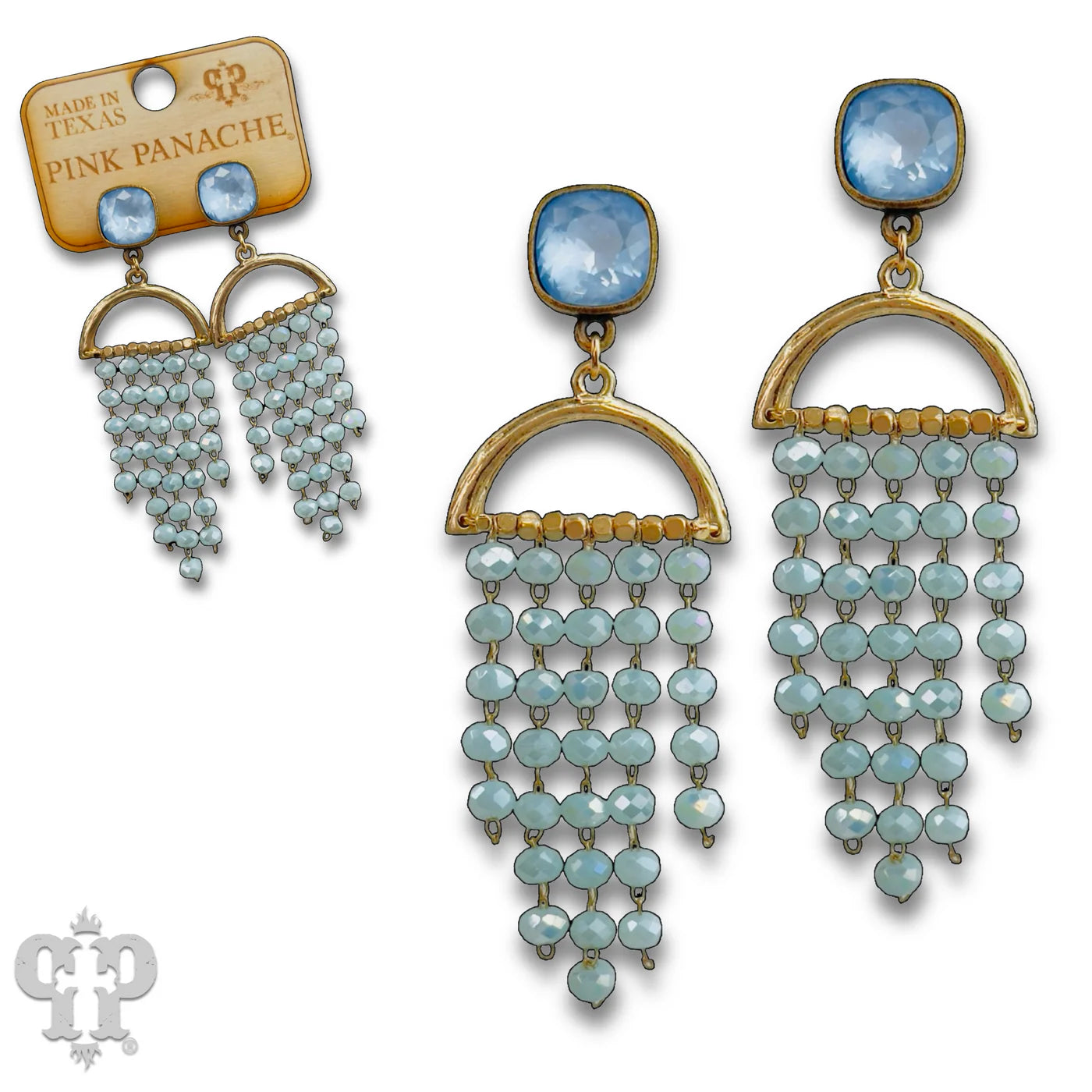 Pink Panache waterfall beaded earrings featuring cascading blue bead fringe suspended from a gold-tone arch and Austrian crystal stud.