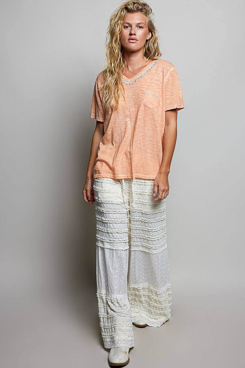 POL Coral Peach Hand-Stitched Slub Tee-T-Shirts-POL-Deja Nu Boutique, Women's Fashion Boutique in Lampasas, Texas