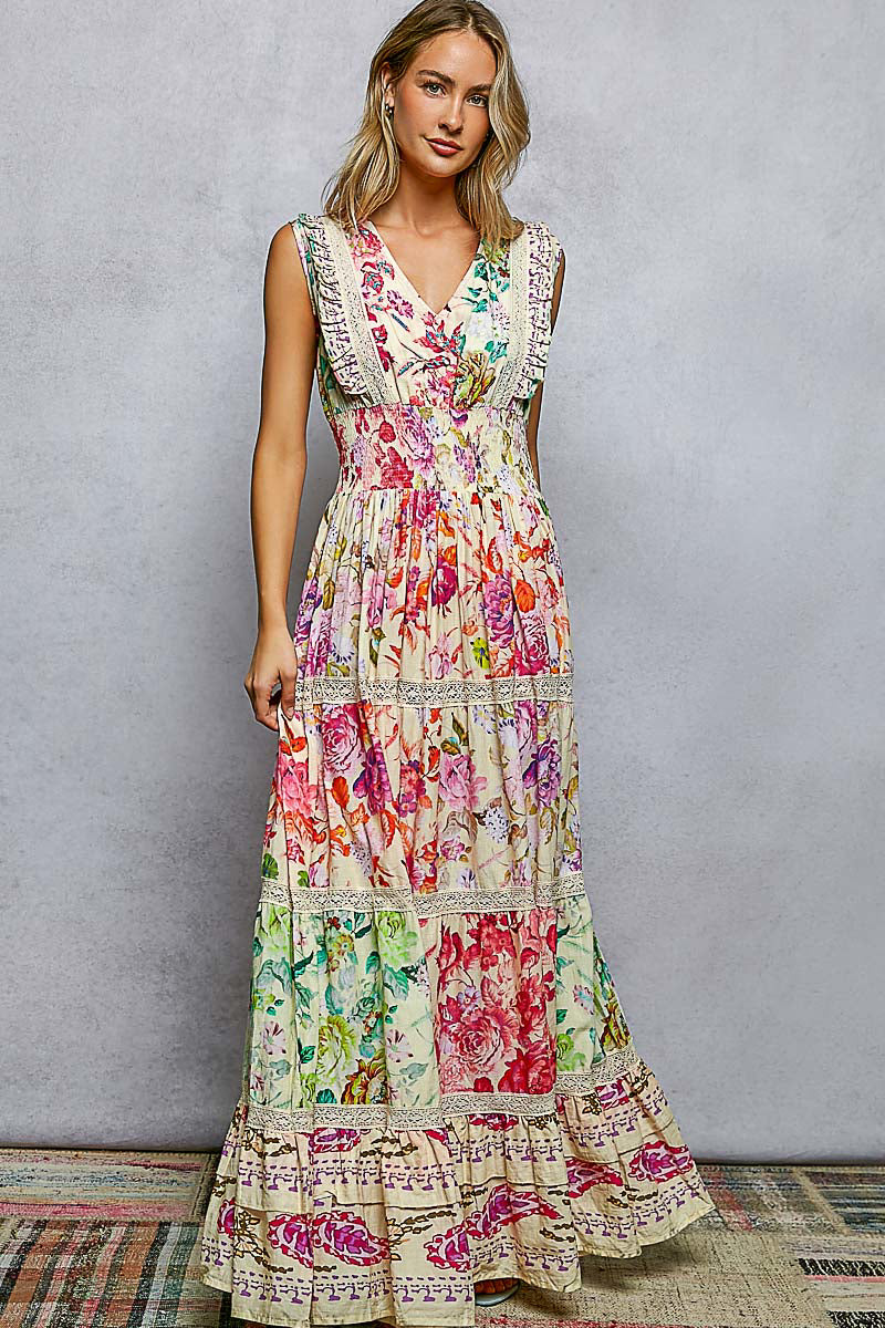 POL Cream Multi Floral Smocked Maxi Dress-Maxi Dresses-POL-Deja Nu Boutique, Women's Fashion Boutique in Lampasas, Texas