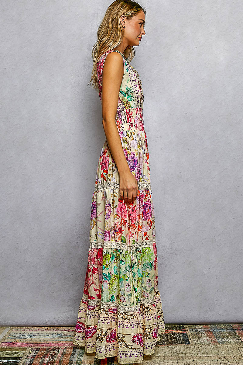 POL Cream Multi Floral Smocked Maxi Dress-Maxi Dresses-POL-Deja Nu Boutique, Women's Fashion Boutique in Lampasas, Texas