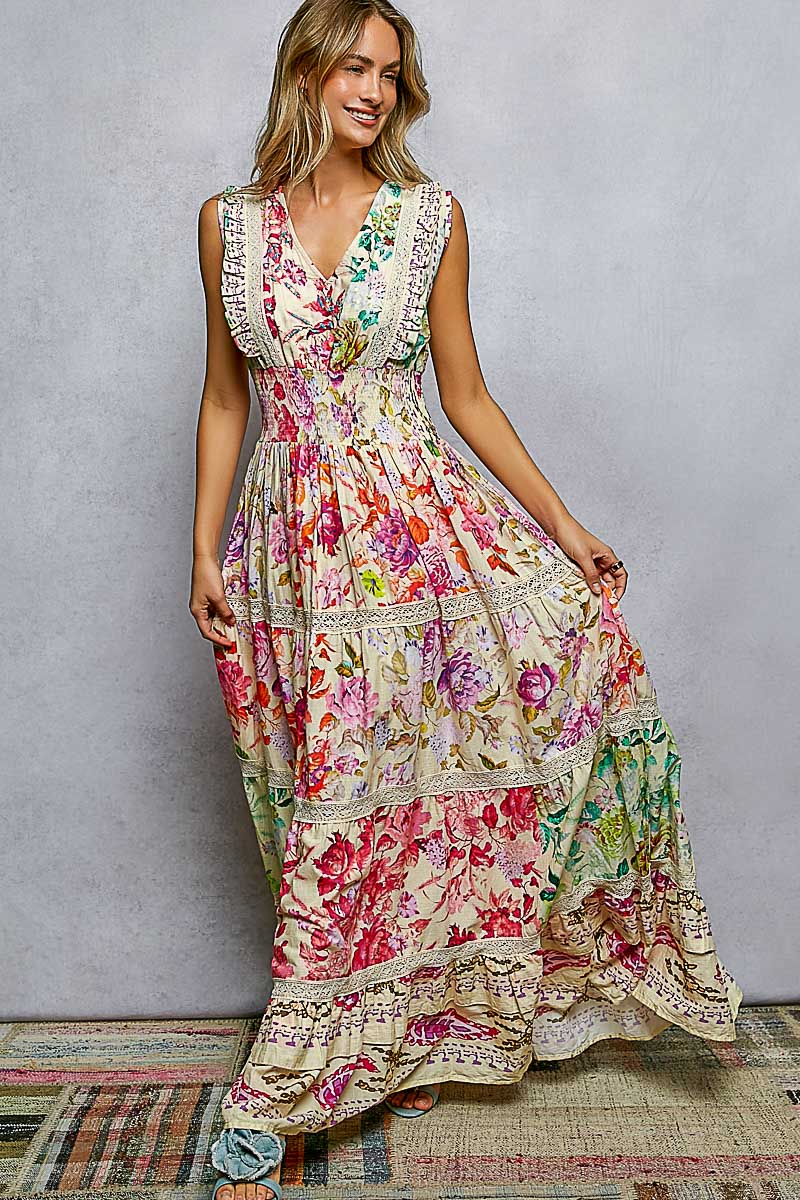 POL Cream Multi Floral Smocked Maxi Dress-Maxi Dresses-POL-Deja Nu Boutique, Women's Fashion Boutique in Lampasas, Texas