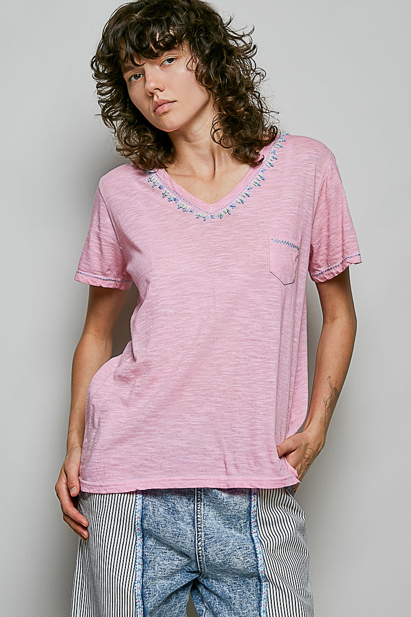 POL Hand-Stitched Detail Slub Cotton Tee – Pink-T-Shirts-POL-Deja Nu Boutique, Women's Fashion Boutique in Lampasas, Texas
