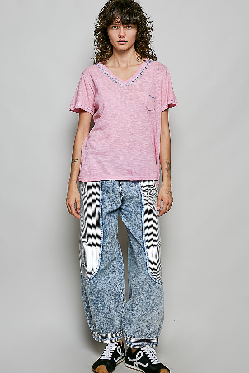 POL Hand-Stitched Detail Slub Cotton Tee – Pink-T-Shirts-POL-Deja Nu Boutique, Women's Fashion Boutique in Lampasas, Texas