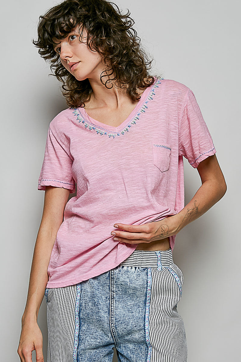 POL Hand-Stitched Detail Slub Cotton Tee – Pink-T-Shirts-POL-Deja Nu Boutique, Women's Fashion Boutique in Lampasas, Texas
