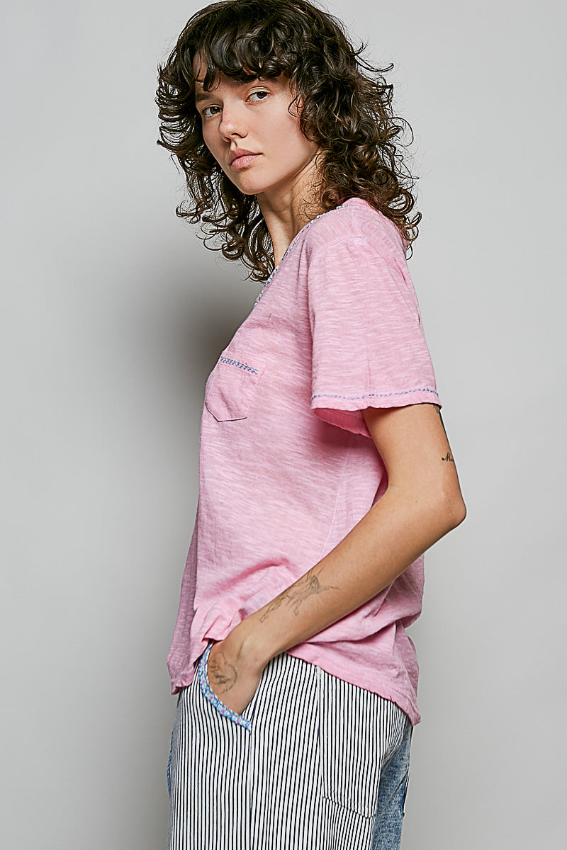 POL Hand-Stitched Detail Slub Cotton Tee – Pink-T-Shirts-POL-Deja Nu Boutique, Women's Fashion Boutique in Lampasas, Texas