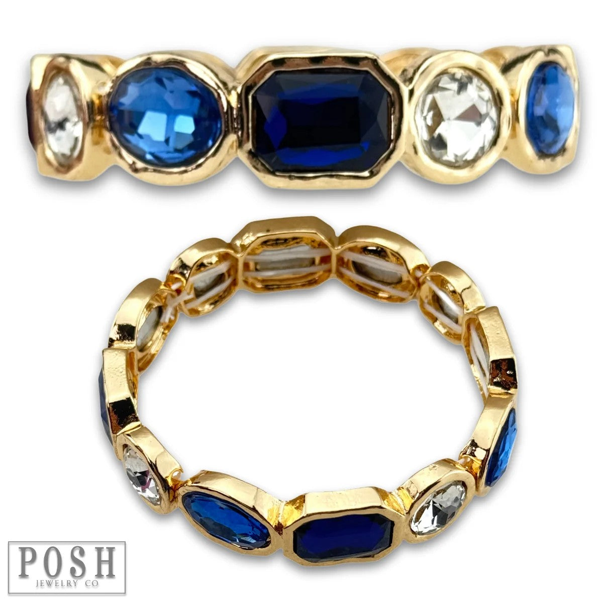 Posh Jewelry Co. blue rhinestone stretch bracelet showing oval round and rectangular stones in gold-tone settings