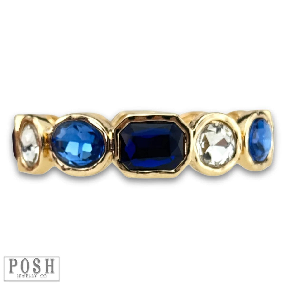 Posh Jewelry Co. blue and clear mixed shape rhinestone stretch bracelet with gold-tone settings