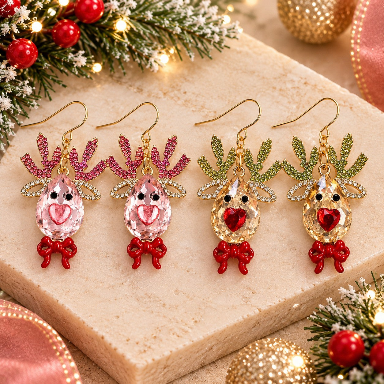 Posh Jewelry Co. Rhinestone Reindeer Drop Earrings in Pink or Gold-Earrings-Posh Jewelry Co.-Deja Nu Boutique, Women's Fashion Boutique in Lampasas, Texas
