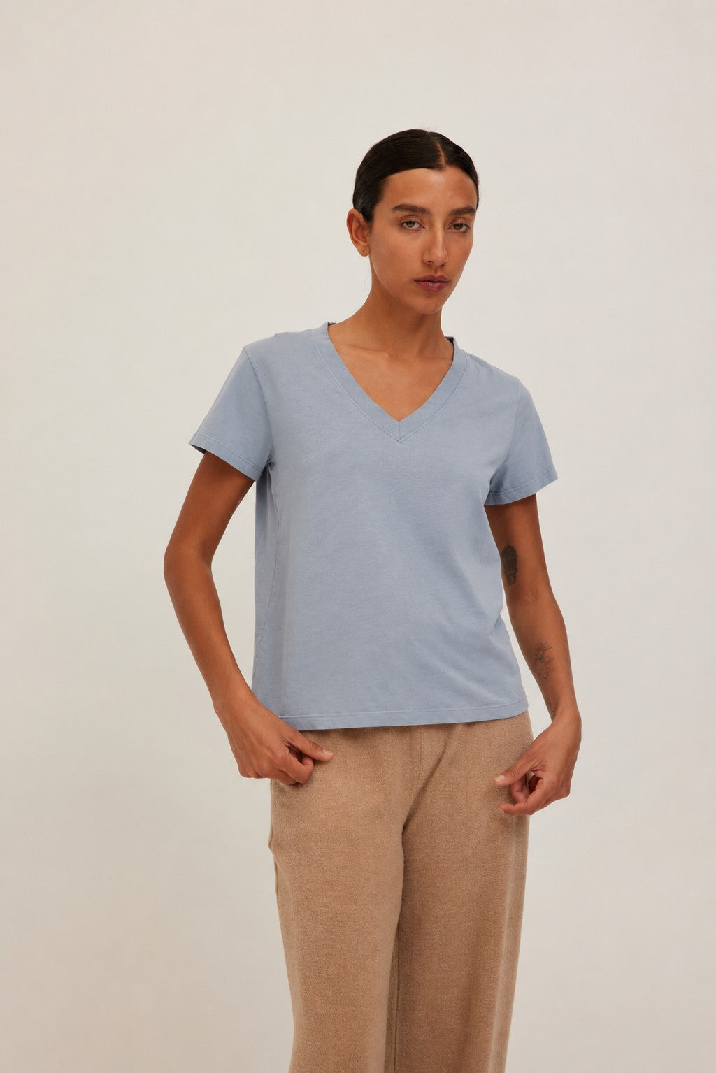 Project Social T The Must Have V Tee in Camel & Smokey Blue-T-Shirts-Project Social T-Deja Nu Boutique, Women's Fashion Boutique in Lampasas, Texas