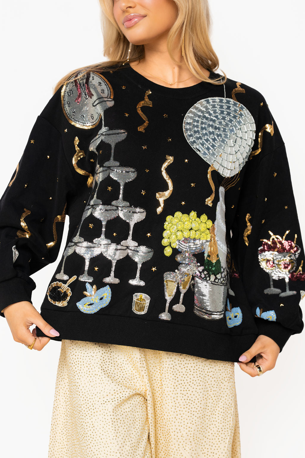 Queen of Sparkles Black Champagne Tower NYE Icon Sweatshirt-sweatshirt-Queen Of Sparkles-Deja Nu Boutique, Women's Fashion Boutique in Lampasas, Texas