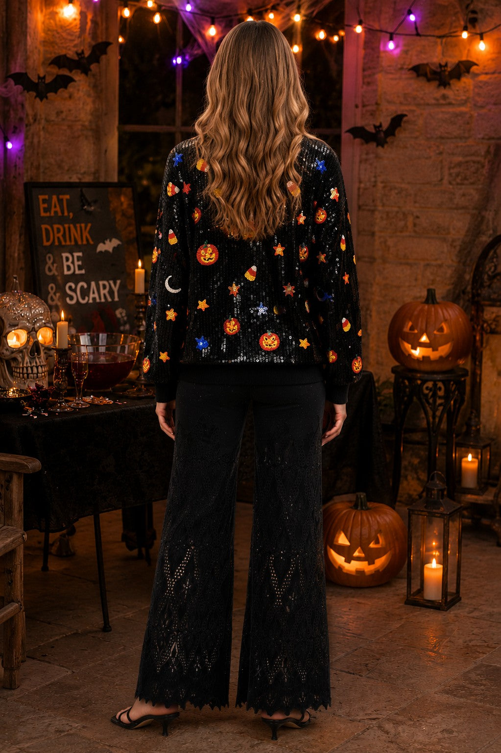 Queen of Sparkles Black Full Sequin Pumpkin & Mini Icon Sweater-Sweaters-Queen Of Sparkles-Deja Nu Boutique, Women's Fashion Boutique in Lampasas, Texas