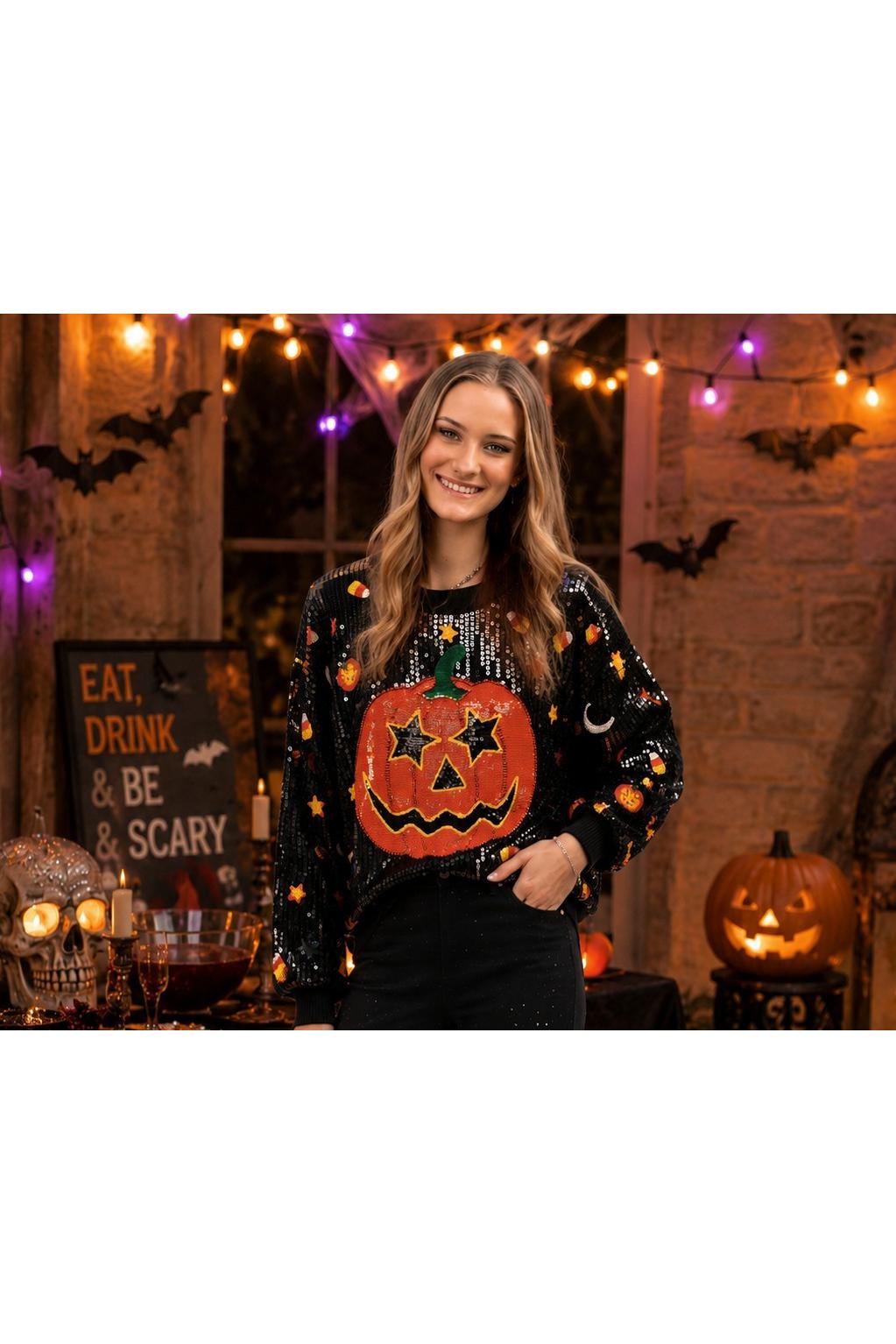 Queen of Sparkles Black Full Sequin Pumpkin & Mini Icon Sweater-Sweaters-Queen Of Sparkles-Deja Nu Boutique, Women's Fashion Boutique in Lampasas, Texas