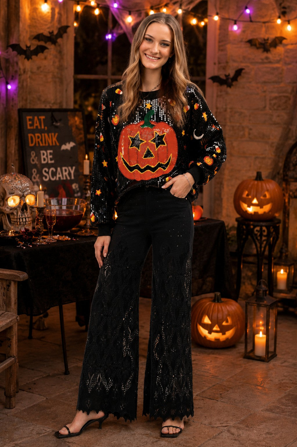 Queen of Sparkles Black Full Sequin Pumpkin & Mini Icon Sweater-Sweaters-Queen Of Sparkles-Deja Nu Boutique, Women's Fashion Boutique in Lampasas, Texas