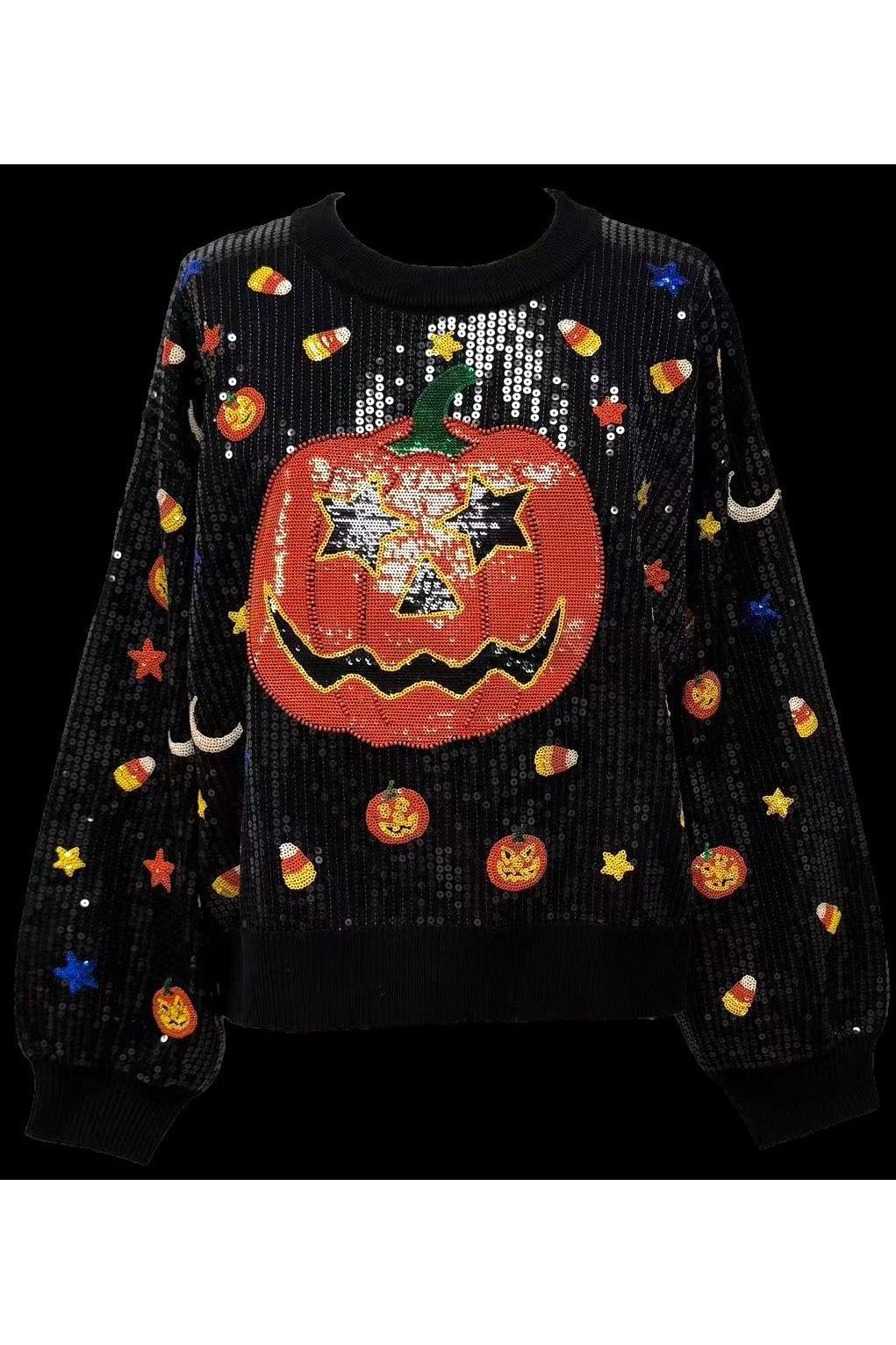 Queen of Sparkles Black Full Sequin Pumpkin & Mini Icon Sweater-Sweaters-Queen Of Sparkles-Deja Nu Boutique, Women's Fashion Boutique in Lampasas, Texas