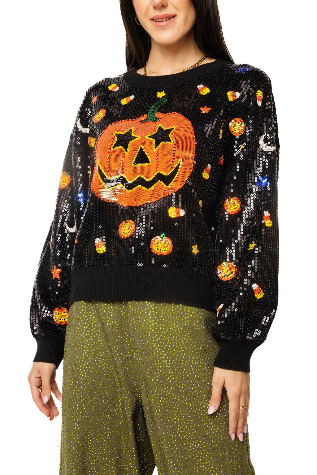 Queen of Sparkles Black Full Sequin Pumpkin & Mini Icon Sweater-Sweaters-Queen Of Sparkles-Deja Nu Boutique, Women's Fashion Boutique in Lampasas, Texas