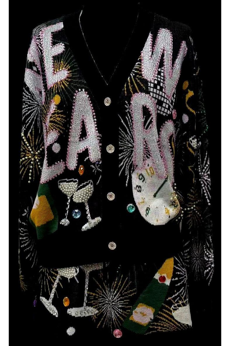 Queen of Sparkles Black New Years Icon Button Up Cardigan-Cardigans & Kimonos-Queen Of Sparkles-Deja Nu Boutique, Women's Fashion Boutique in Lampasas, Texas