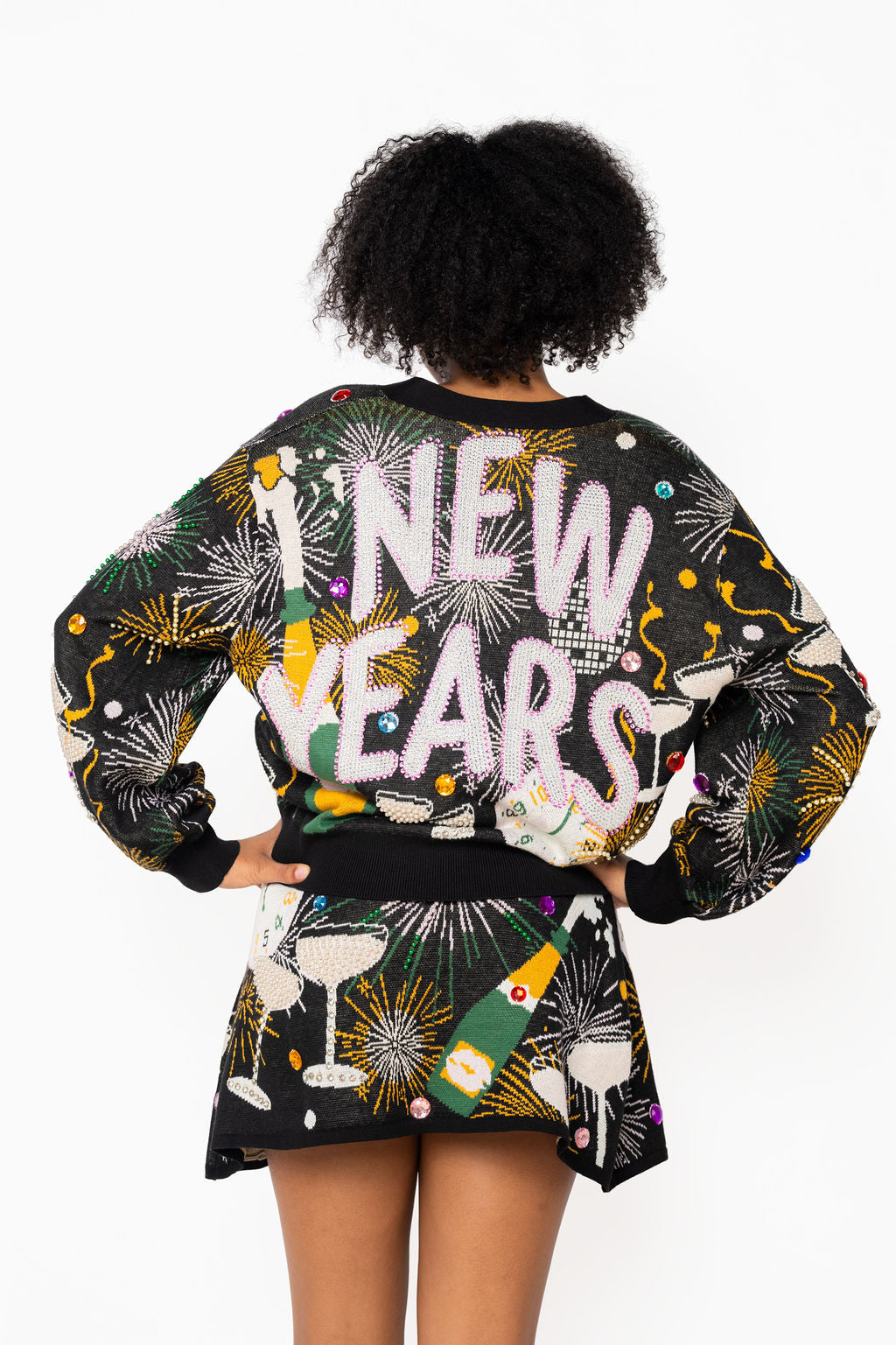 Queen of Sparkles Black New Years Icon Button Up Cardigan-Cardigans & Kimonos-Queen Of Sparkles-Deja Nu Boutique, Women's Fashion Boutique in Lampasas, Texas