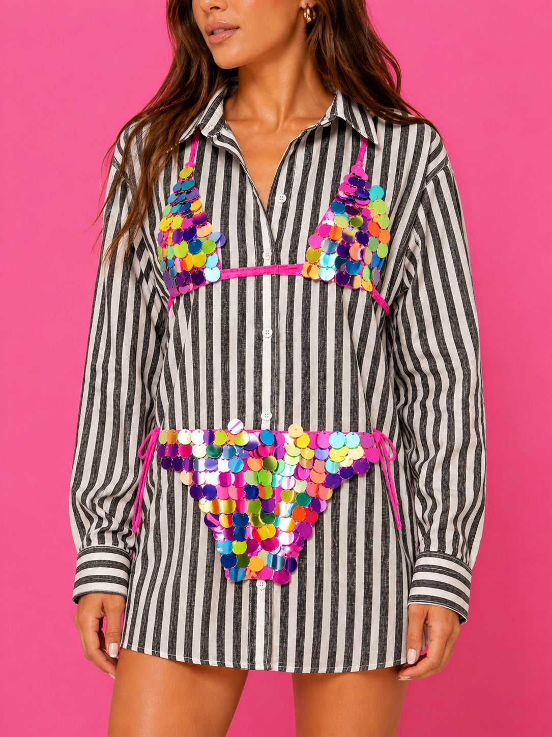 Queen of Sparkles Black Stripe Multi Paillette Bikini Tunic-Cover Up-Queen Of Sparkles-Deja Nu Boutique, Women's Fashion Boutique in Lampasas, Texas