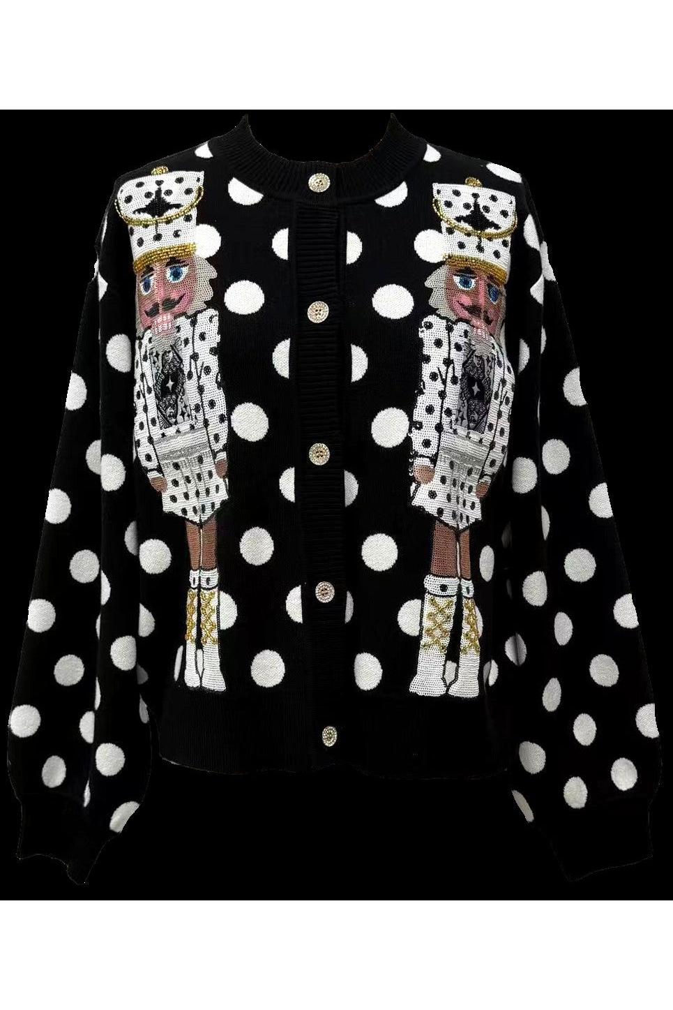 Queen of Sparkles Black & White Polka Dot Nutcracker Button Up Cardigan-Cardigans & Kimonos-Queen Of Sparkles-Deja Nu Boutique, Women's Fashion Boutique in Lampasas, Texas