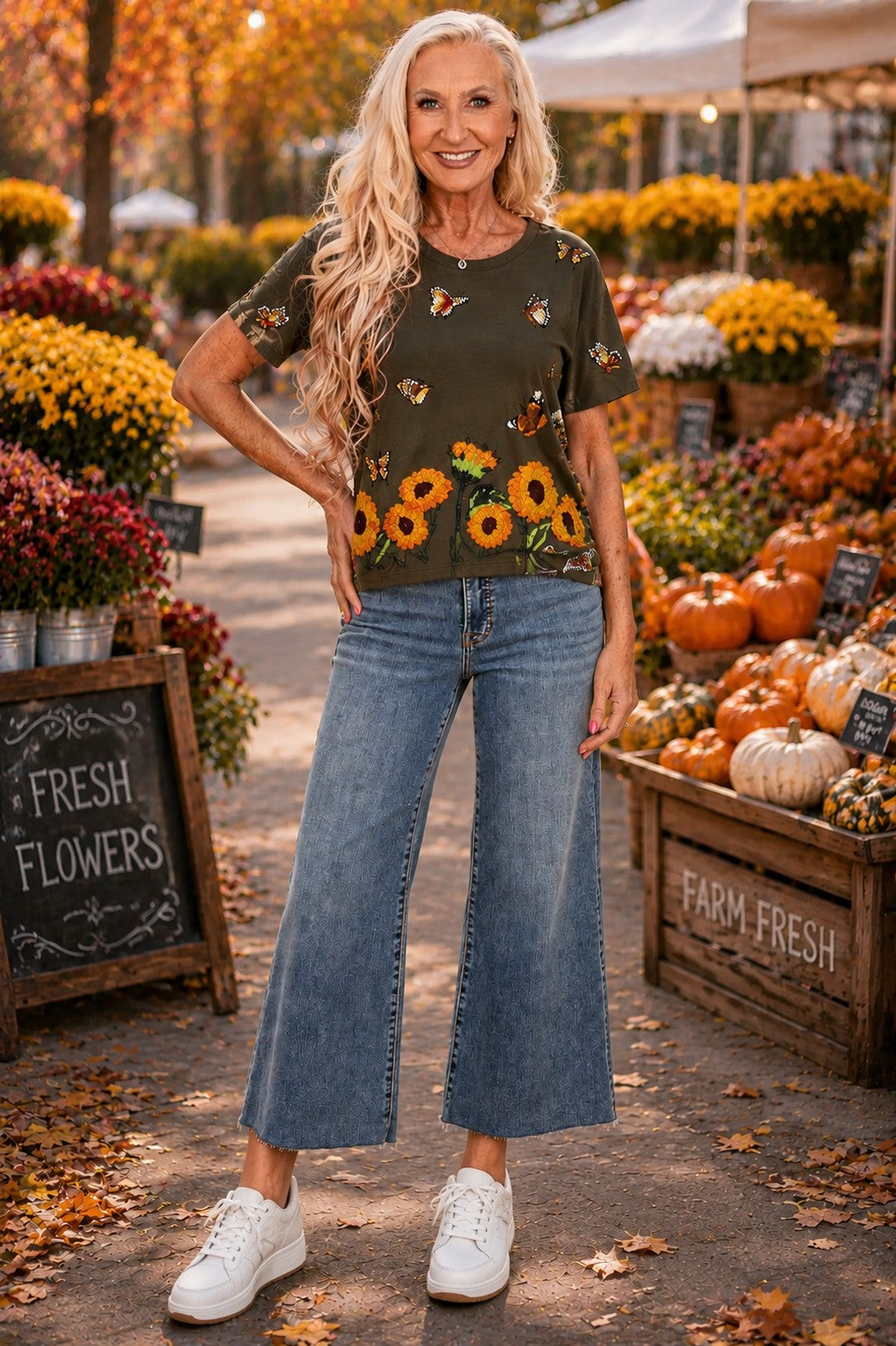 Queen of Sparkles Brown Beaded Butterfly & Sunflower Tee-T-Shirts-Queen Of Sparkles-Deja Nu Boutique, Women's Fashion Boutique in Lampasas, Texas