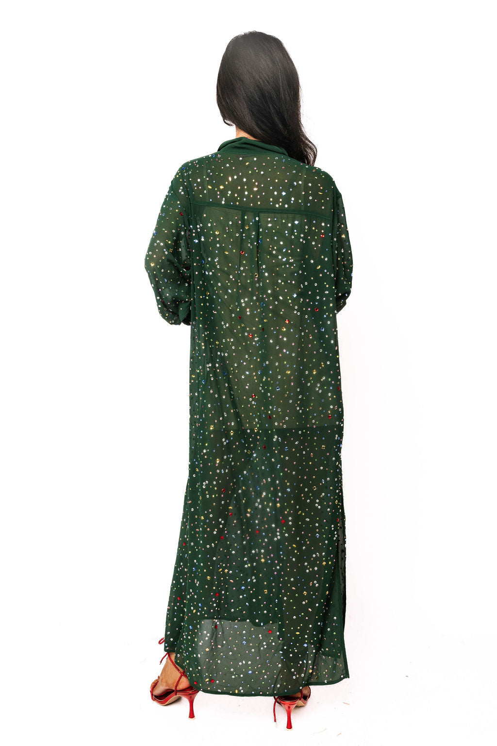 Queen of Sparkles Dark Green Multi Rhinestone Button Up Midi Dress-Maxi Dresses-Queen Of Sparkles-Deja Nu Boutique, Women's Fashion Boutique in Lampasas, Texas