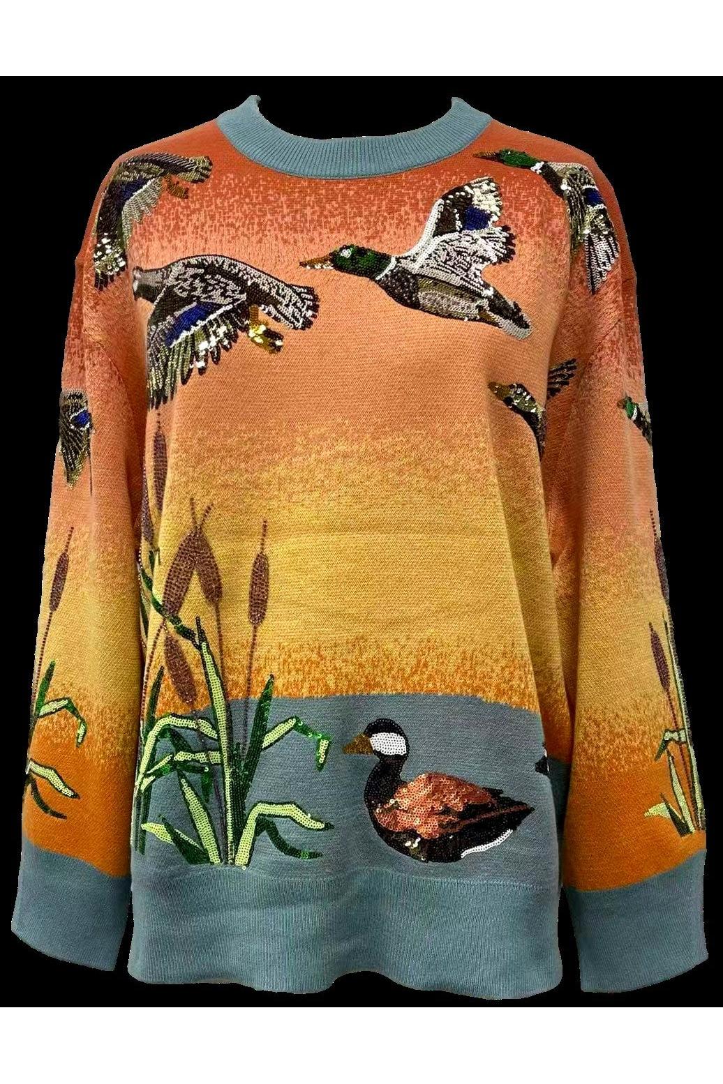 Queen of Sparkles Ducks Flying Sunrise Sweater-Sweaters-Queen Of Sparkles-Deja Nu Boutique, Women's Fashion Boutique in Lampasas, Texas