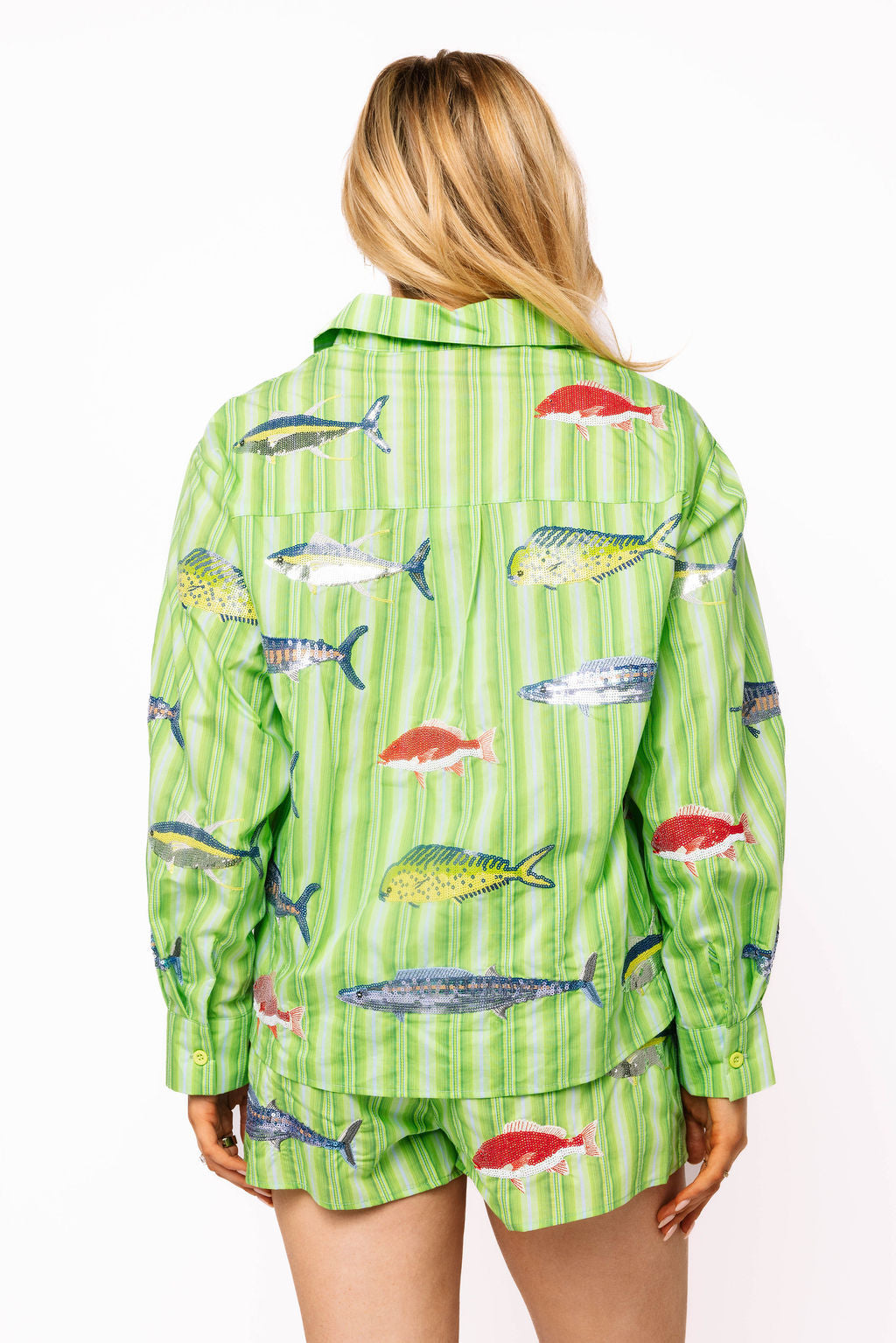 Queen of Sparkles Green Striped Multi Fish Button Up Top-shirts-Queen Of Sparkles-Deja Nu Boutique, Women's Fashion Boutique in Lampasas, Texas