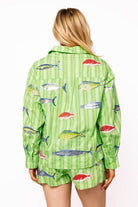 Queen of Sparkles Green Striped Multi Fish Button Up Top-shirts-Queen Of Sparkles-Deja Nu Boutique, Women's Fashion Boutique in Lampasas, Texas