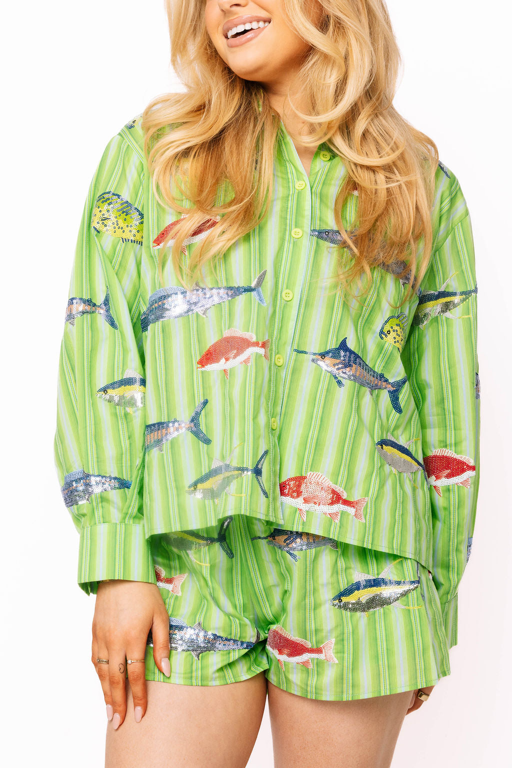 Queen of Sparkles Green Striped Multi Fish Button Up Top-shirts-Queen Of Sparkles-Deja Nu Boutique, Women's Fashion Boutique in Lampasas, Texas