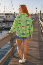 Queen of Sparkles Green Striped Multi Fish Button Up Top-shirts-Queen Of Sparkles-Deja Nu Boutique, Women's Fashion Boutique in Lampasas, Texas