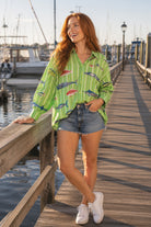 Queen of Sparkles Green Striped Multi Fish Button Up Top-shirts-Queen Of Sparkles-Deja Nu Boutique, Women's Fashion Boutique in Lampasas, Texas