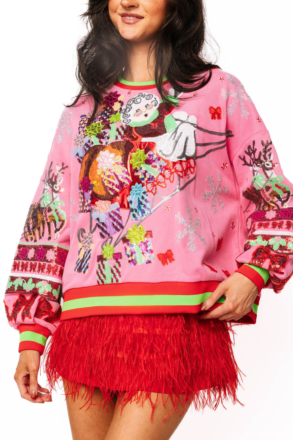 Queen of Sparkles Hot Pink Vintage Mrs. Claus Sleigh Sweatshirt-sweatshirt-Queen Of Sparkles-Deja Nu Boutique, Women's Fashion Boutique in Lampasas, Texas