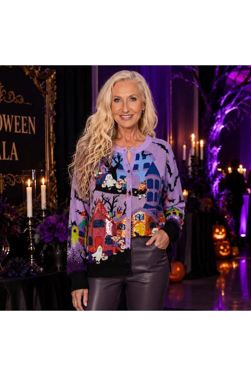 Queen of Sparkles Lavender Multi Trick or Treating Scene Cardigan-Cardigans & Kimonos-Queen Of Sparkles-Deja Nu Boutique, Women's Fashion Boutique in Lampasas, Texas