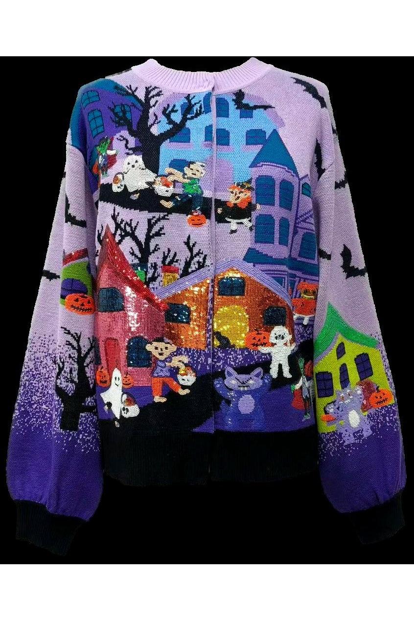 Queen of Sparkles Lavender Multi Trick or Treating Scene Cardigan-Cardigans & Kimonos-Queen Of Sparkles-Deja Nu Boutique, Women's Fashion Boutique in Lampasas, Texas