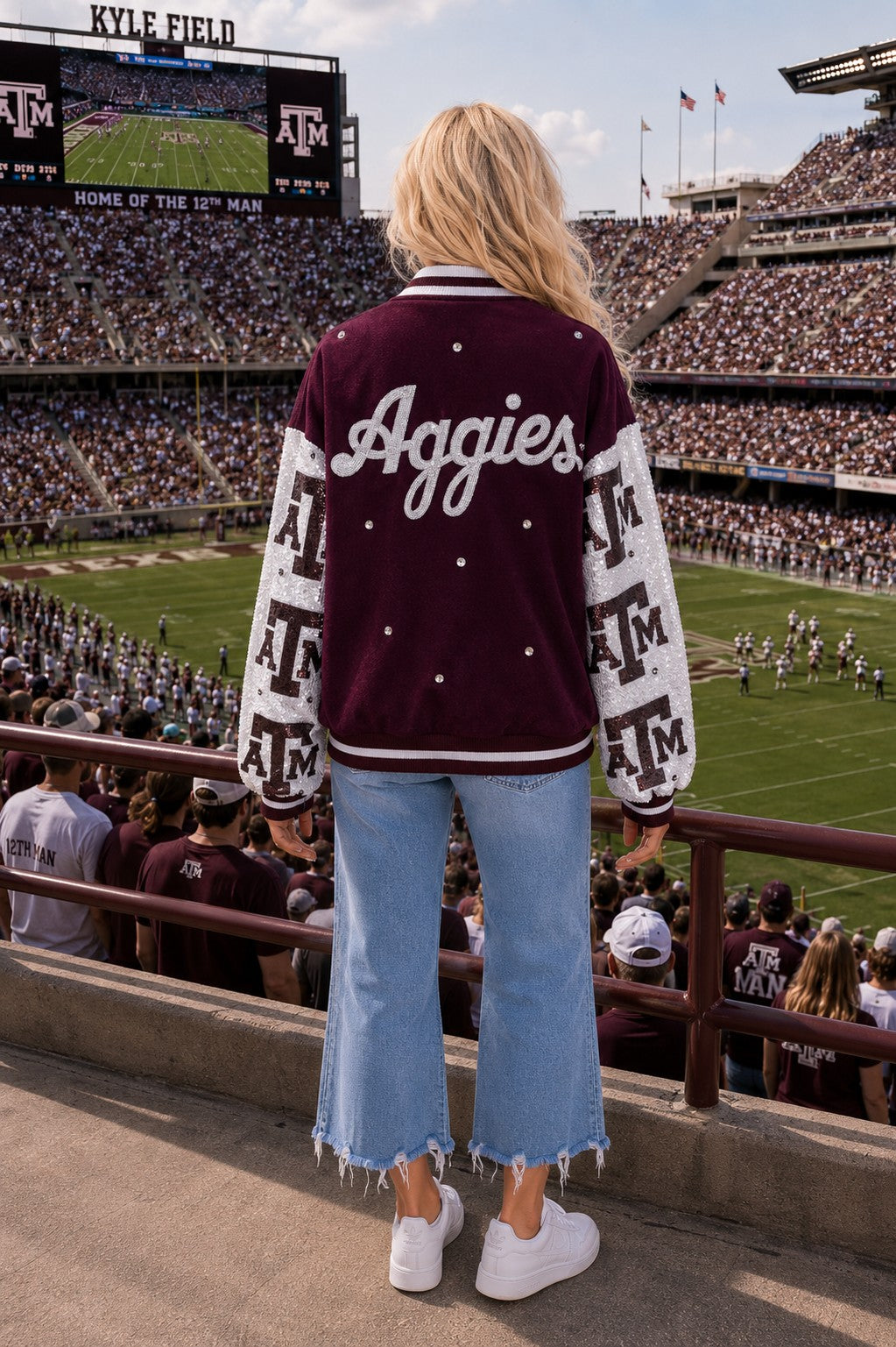 Queen of Sparkles Licensed Texas A&M Bomber Jacket-Jackets-Queen Of Sparkles-Deja Nu Boutique, Women's Fashion Boutique in Lampasas, Texas