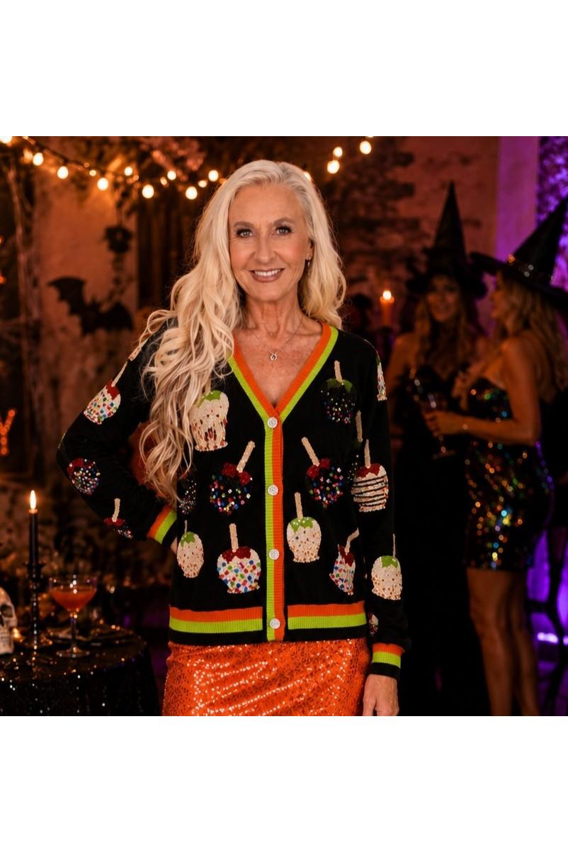 Queen of Sparkles Multi Candy Apples Sequin Button Up Cardigan-Cardigans & Kimonos-Queen Of Sparkles-Deja Nu Boutique, Women's Fashion Boutique in Lampasas, Texas