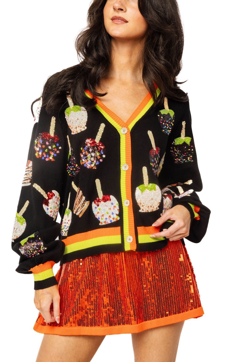 Queen of Sparkles Multi Candy Apples Sequin Button Up Cardigan-Cardigans & Kimonos-Queen Of Sparkles-Deja Nu Boutique, Women's Fashion Boutique in Lampasas, Texas