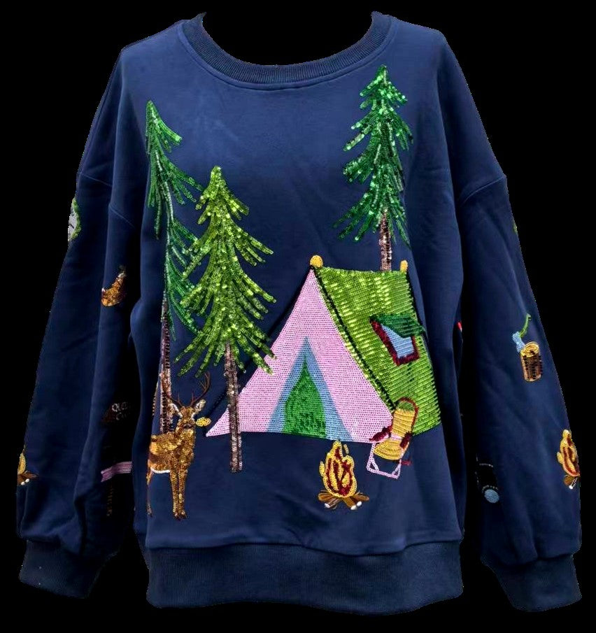 Queen of Sparkles Navy Camp Site Sweatshirt-sweatshirt-Queen Of Sparkles-Deja Nu Boutique, Women's Fashion Boutique in Lampasas, Texas
