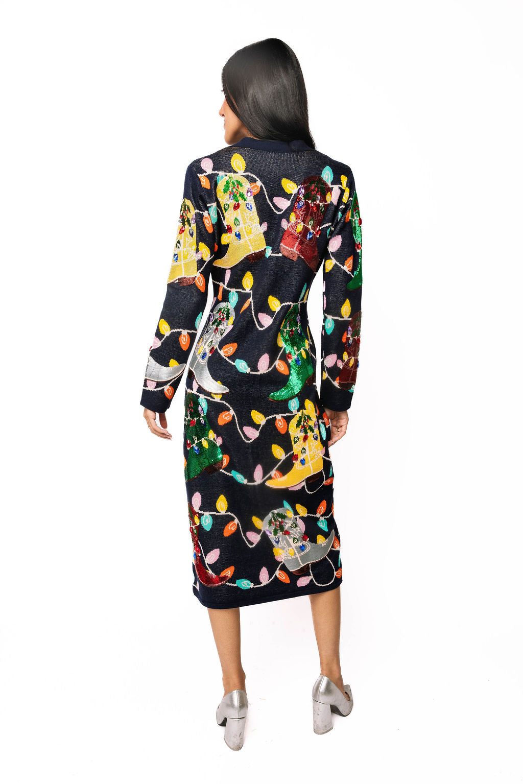 Queen of Sparkles Navy Christmas Cowboy Boot Midi Dress-Midi Dresses-Queen Of Sparkles-Deja Nu Boutique, Women's Fashion Boutique in Lampasas, Texas