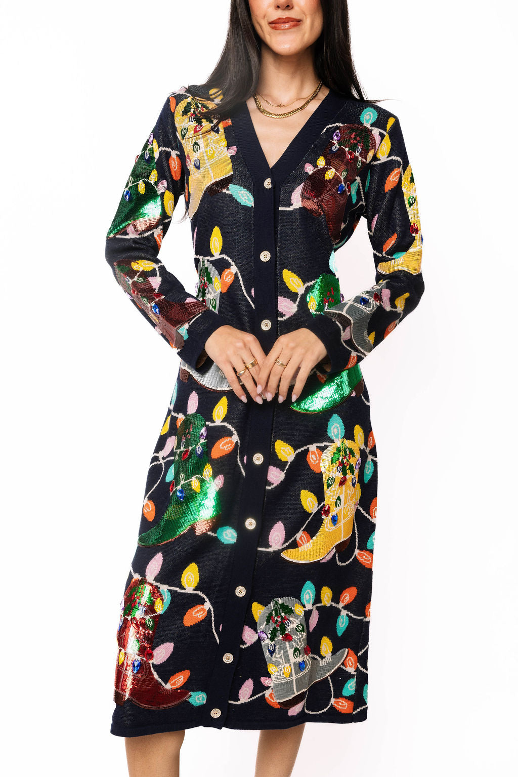 Queen of Sparkles Navy Christmas Cowboy Boot Midi Dress-Midi Dresses-Queen Of Sparkles-Deja Nu Boutique, Women's Fashion Boutique in Lampasas, Texas