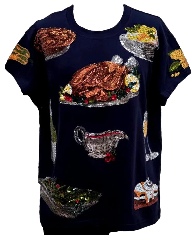 Queen of Sparkles Navy Thanksgiving Dinner Tee-T-Shirts-Queen Of Sparkles-Deja Nu Boutique, Women's Fashion Boutique in Lampasas, Texas